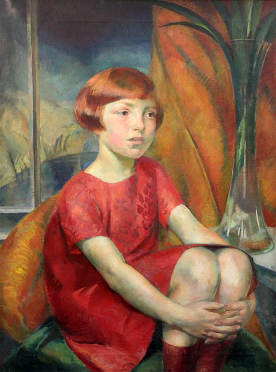 Rosalie Emslie (1891-?) Portrait of a girl seated in a red dress 36 x 28in.